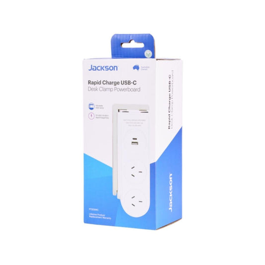 Jackson Rapid Charge USB-C Desk Clamp Powerboard - 2 Outlets - 1.5m Lead - Adjustable Clamp