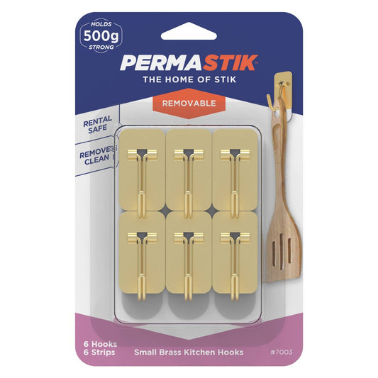 Permastik Small Brass Kitchen Hooks 6 Pack - 110mm x 180mm - Holds 500g
