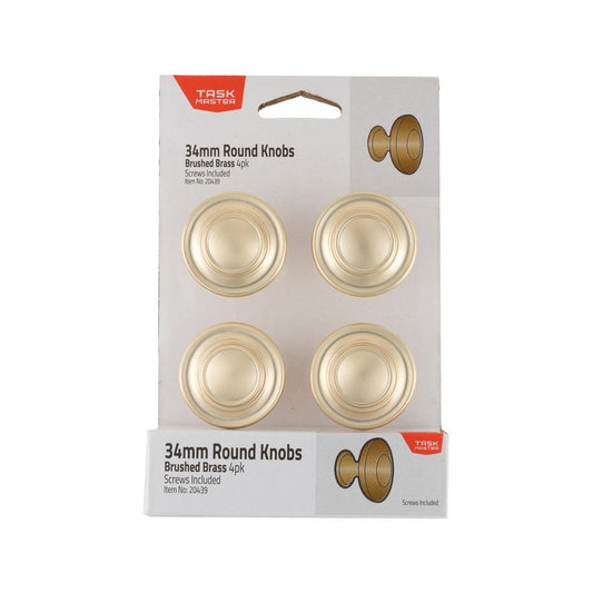 Taskmaster 34mm Brushed Brass Round Cabinet Knobs 4 Pack - Easy Install - Antique Design