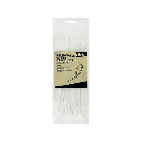 Click 200mm White Releasable Cable Tie 25 Pack - UV Resistant - Nylon - Auzzistore
