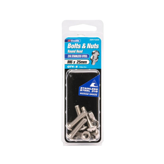 Zenith 316 Stainless Steel Round Head Bolt and Nut 25mm 5 Pack - Auzzistore
