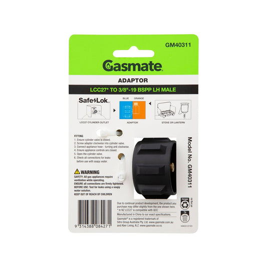Gasmate Adaptor 3/8" BSPP-LH to LCC27 - 90-Degree Bend - Brass/Nylon – view 2 - Auzzistore