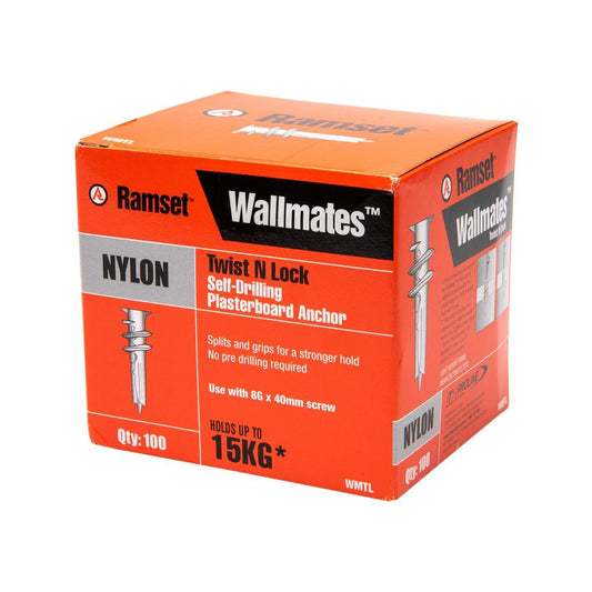 Ramset Twist N Lock Wallmate 100 Pack - Wall Anchors - 13mm Nylon - Easy Install - Auzzistore
