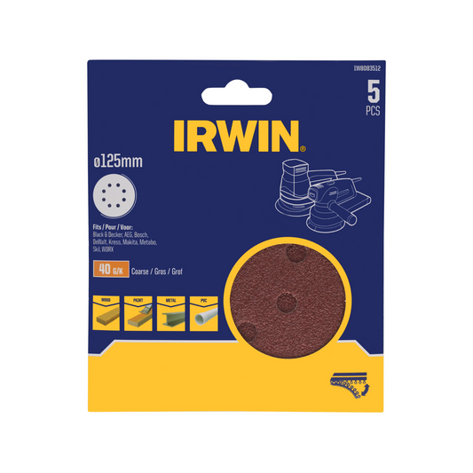 Irwin 125mm Quick Fit Random Orbital Sanding Discs 40 Grit 5 Pack - Efficient Stock Removal - Auzzistore
