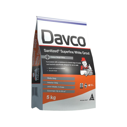 Davco 5kg White Superfine Sanitised Grout - 1-3mm Joints - Wall Use