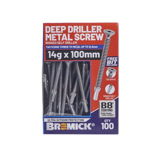 Bremick Metal Deep Driller Screw 14g x 100mm T30 B8 - Box of 100 - Durable Fastening – view 2 - Auzzistore