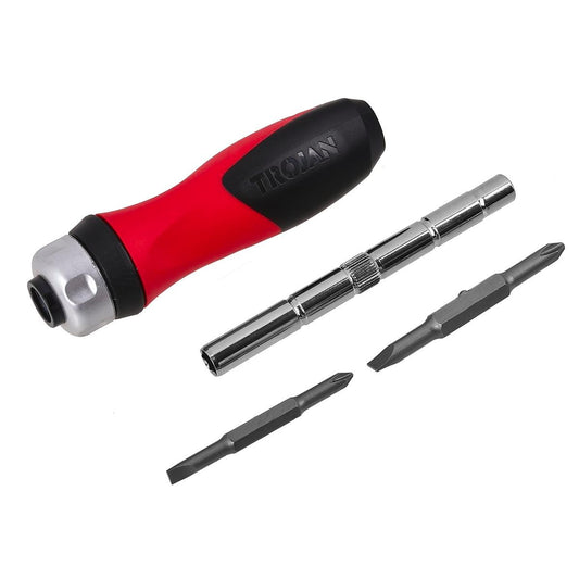 Trojan 6 in 1 Ratcheting Screwdriver - Ergonomic Handle - Red and Black - TJQ0136