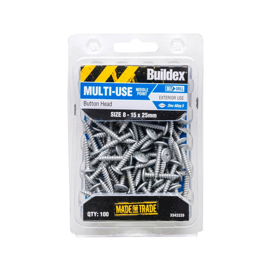 Buildex Button Head Needle Point Screw 8 15 x 25mm 100 Pack Galvanised - Auzzistore