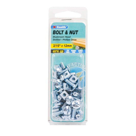 Zenith Mushroom Head Bolt & Nut - 3/16 x 12mm - 25 Pack - Zinc Plated - Auzzistore