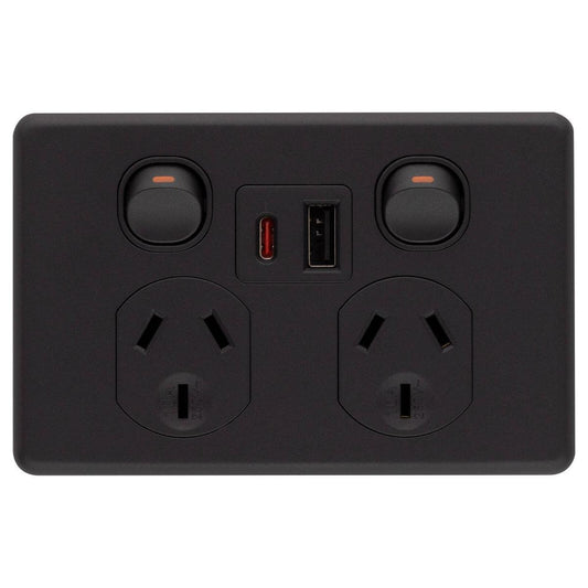 Deta x6 Double Power Point 50mm x 74mm x 115mm - Matte Black - USB A+C PD 20W Fast Charging - Auzzistore