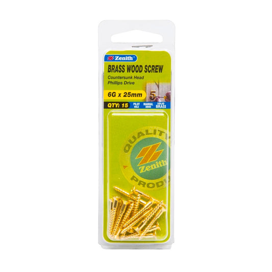Zenith 6G x 25mm Solid Brass Countersunk Head Wood Screws – 15 Pack - Auzzistore