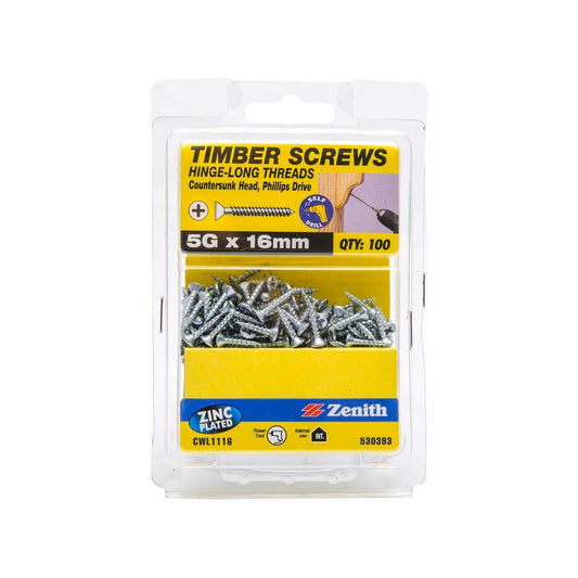 Zenith Hinge Long Thread Screw - 5g x 16mm - 100 Pack - Zinc Plated Countersunk - Auzzistore