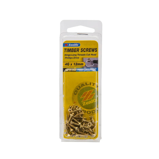 Zenith Hinge Long Thread Screws - 4g x 12mm - Brass Plated - 50 Pack - Auzzistore