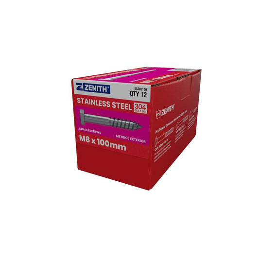 Zenith Hex Head Coach Screws M8 x 100mm Stainless Steel 304 12 Pack - Auzzistore