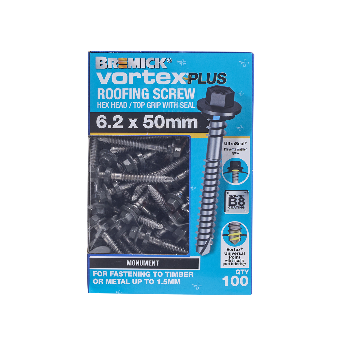 Bremick Vortex Plus Roofing Screw - 6.2 x 50mm - 100 Pack - Watertight ...