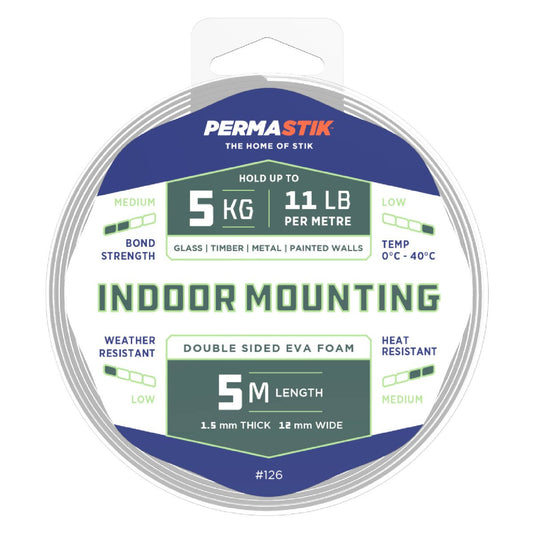 Permastik Indoor Mounting Tape - 12mm x 5m - EVA Foam - 5kg Hold
