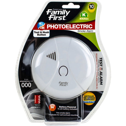 Family First Photoelectric Smoke Alarm - 9V Battery Operated - White - 110mm x 45mm - Auzzistore