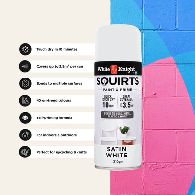 White Knight Squirts 310g White Satin Spray Paint - Quick Dry - Durable Finish
