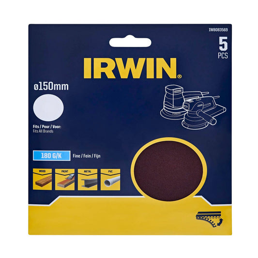 Irwin 150mm 180 Grit No Holes Quick Fit Random Orbital Sanding Discs - 5 Pack - Efficient Stock Removal - Aluminium Oxide - Auzzistore