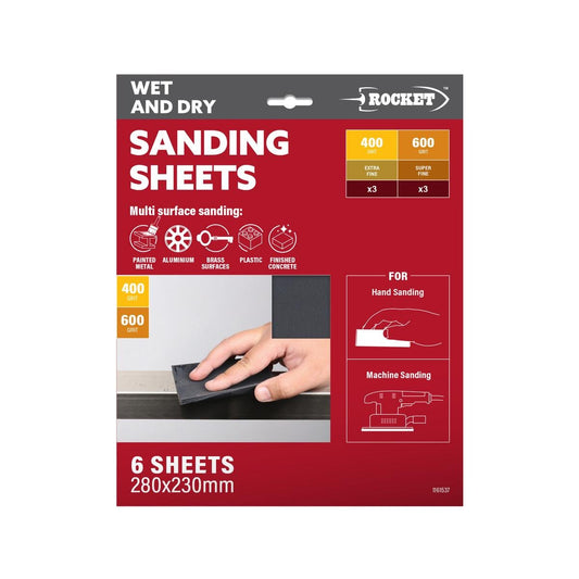 Rocket 400 600 Wet Dry Sanding Sheets 6 Pack - 230mm x 280mm - Versatile Wet/Dry Use - Auzzistore