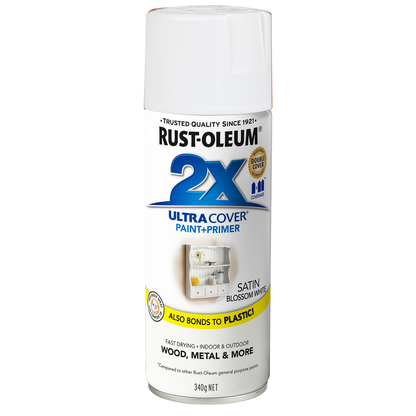 Rust-Oleum 2X Ultra Cover Blossom Satin White Spray Paint 340g Durable