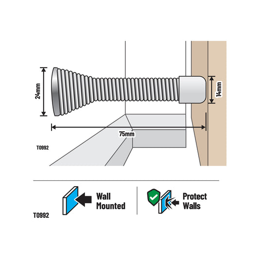 Adoored Large Spring Door Stop - Steel - 25mm - Wall Protection