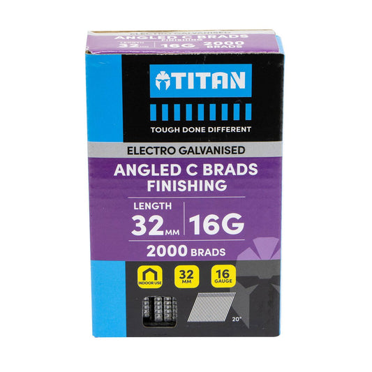Titan 32mm Electro Galvanised 20° Angled Collated Nail C Brads Pack 2000 - 16 Gauge - Reliable Fastening - Auzzistore