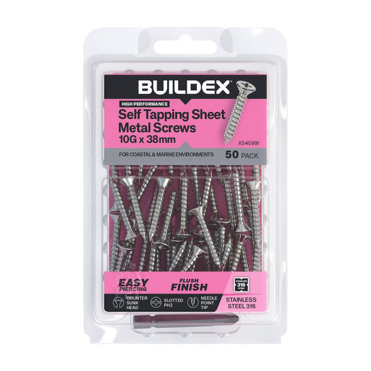 Buildex 10g x 38mm SS316 Self Tapping Sheet Metal Screws - Countersunk Head - 50 Pack - Corrosion Resistant - Quick Installation - Auzzistore