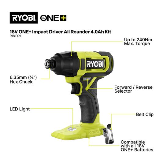 Ryobi 18V ONE+ Impact Driver All Rounder Kit R18ID24 - 4.0Ah Battery - 1.5A Charger - High Torque - LED Light - Quick-Change Collet – view 2 - Auzzistore