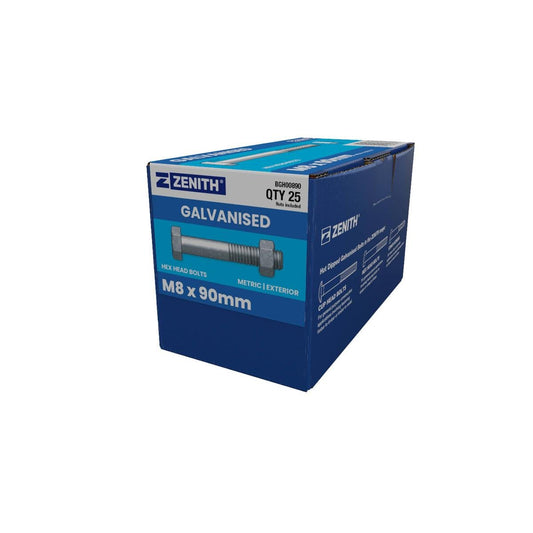Zenith Hot Dip Galvanised Hex Head Bolts and Nuts M8 x 90mm 25 Pack - Auzzistore