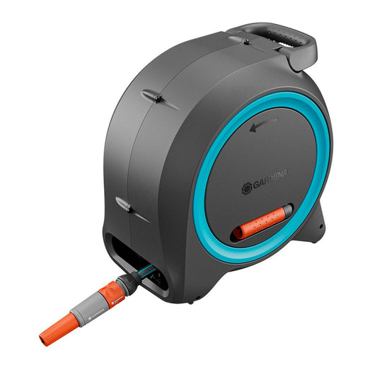 Gardena Dual 2 in 1 Roll Up Hose Reel - 25m - Black/Turquoise/Orange - Easy Storage