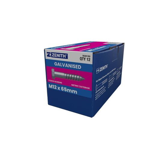 Zenith Hot Dip Galvanised Hex Head Coach Screws M12 x 65mm 12 Pack - Auzzistore