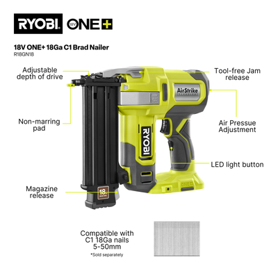 Ryobi 18V ONE+ 18GA Brad Nailer Tool Only - 105 Capacity - Airstrike Technology