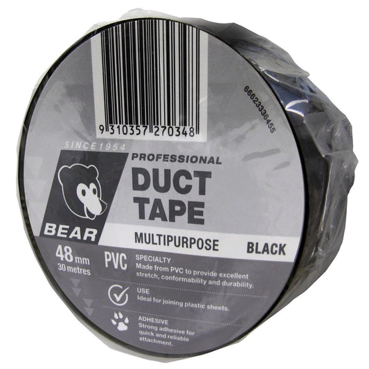 Bear Multipurpose Duct Tape - 48mm x 30m - Black PVC - Strong Adhesive - Auzzistore