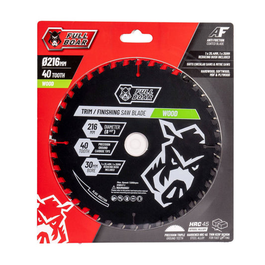 Full Boar Circular Saw Blade 216mm 40T - Precision Cutting - Durable HRC45 Steel