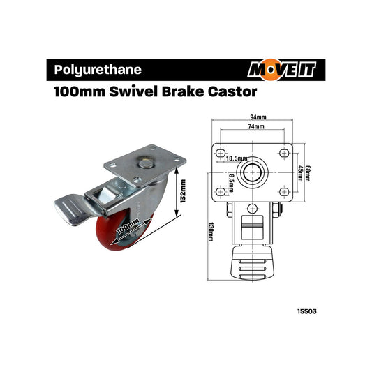 Move It Castor - 100mm - Polyurethane - Swivel Brake – view 2 - Auzzistore