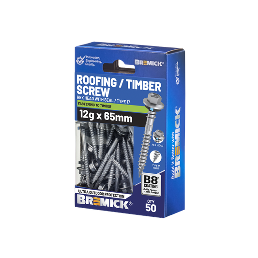 Bremick Hex Roofing Screw 12g x 65mm B8 - Pack of 50 - Watertight Seal - Auzzistore