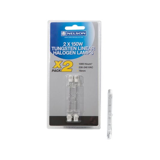 Nelson Tungsten Halogen Globe 2 Pack - 78mm - 150W - R75 Base - 2500 Lumens