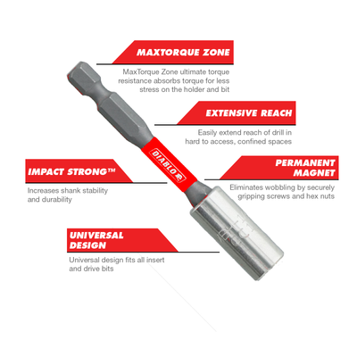 Diablo Standard Bit Holder 3 - Magnetic - 46.04mm x 6.35mm x 123.83mm - Anti-Wobble Grip - Durable