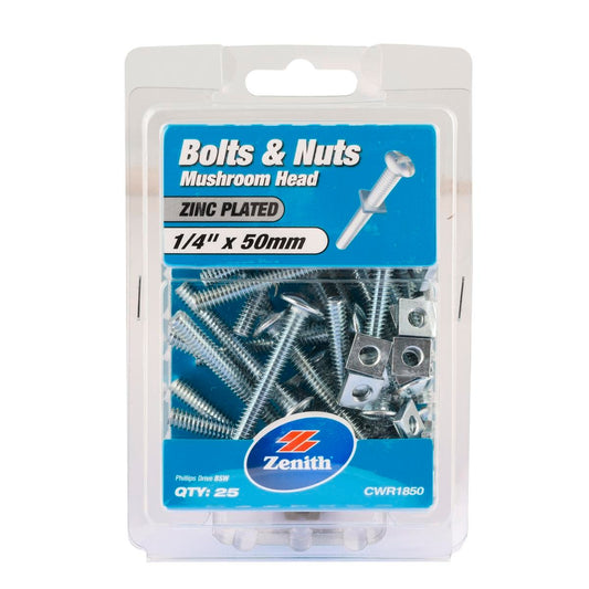 Zenith 1/4 x 50mm Zinc Plated Mushroom Head Bolt and Nut 25 Pack - Silver - Auzzistore