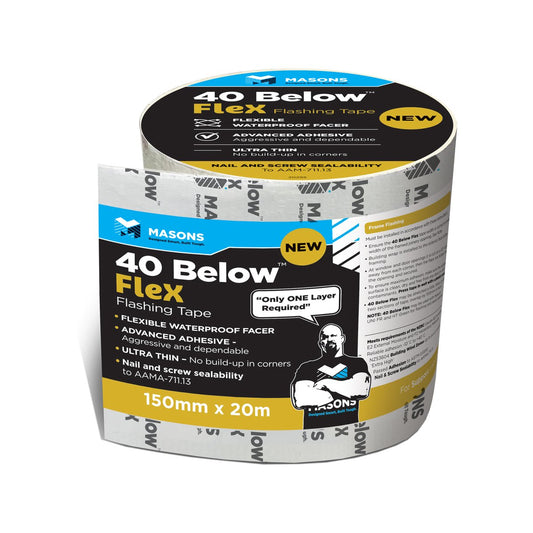 Masons 40 Below Flex Self-Adhesive Flashing Tape 150mm x 20m - White - High Water Resistance - Auzzistore