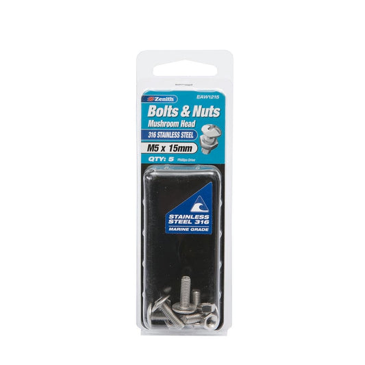 Zenith M5 x 15mm Stainless Steel Mushroom Head Bolts and Nuts 5 Pack - Auzzistore