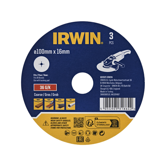 Irwin Fibre Disc 3 Pack - 100 x 16mm - 36 Grit - Aluminium Oxide - Stock Removal - Auzzistore