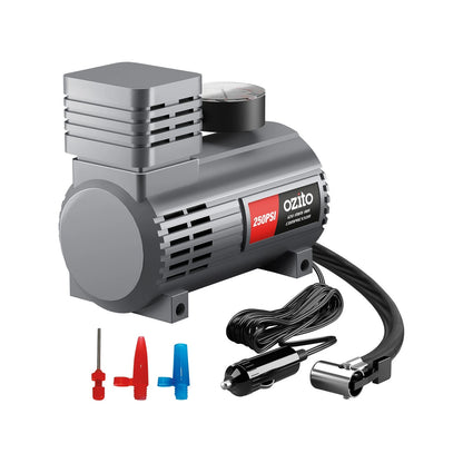 Ozito 12V Mini Air Compressor, Portable Inflator, 250 PSI, 3 Nozzles, Car/Bike/Sports Use
