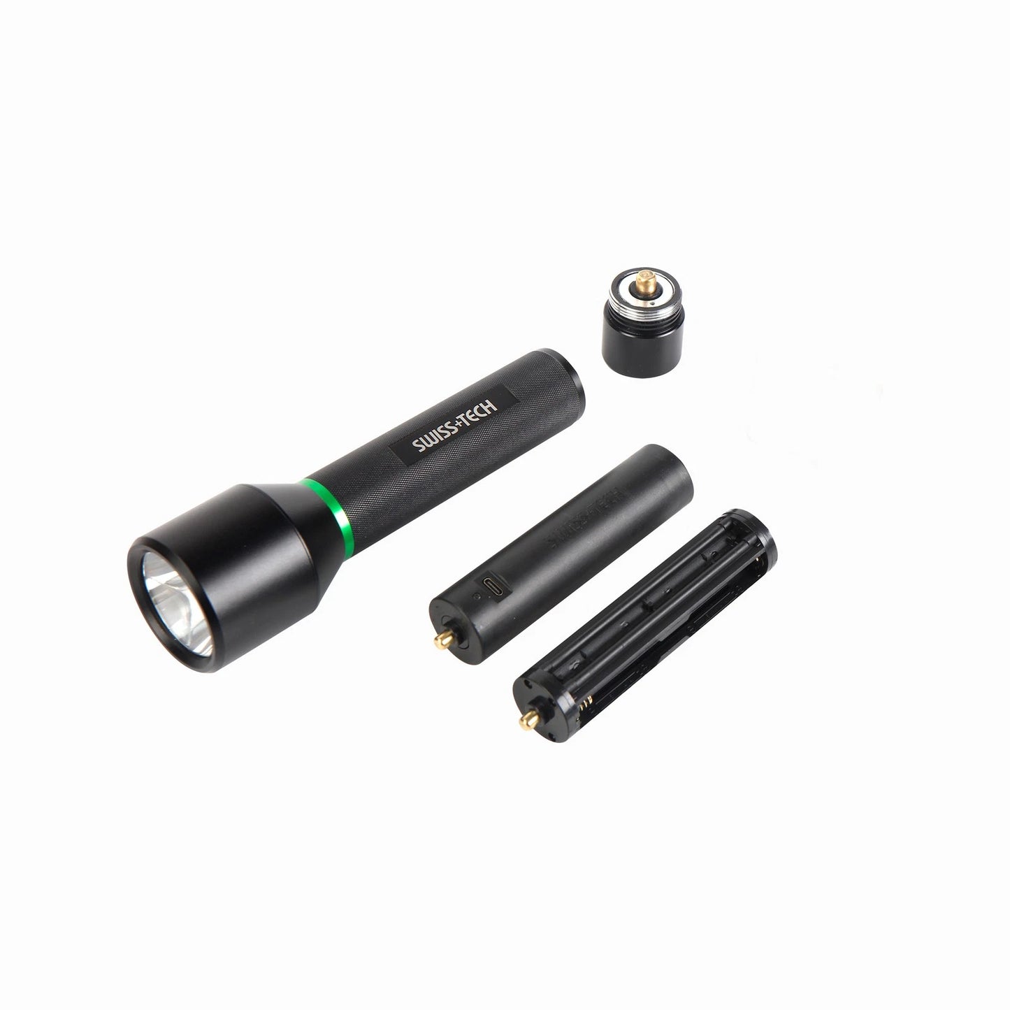 SWISS+TECH 1000lm Dual Power Rechargeable Flashlight, 350m Beam, USB-C, IPX4, Aluminium