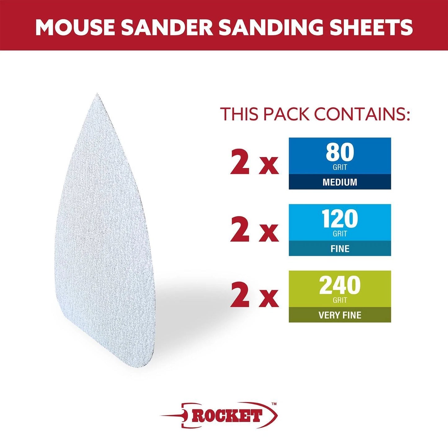Rocket Mouse Sander Sanding Sheets 6 Pack - Multi-Grit, Hook & Loop, Non-Clogging Surface