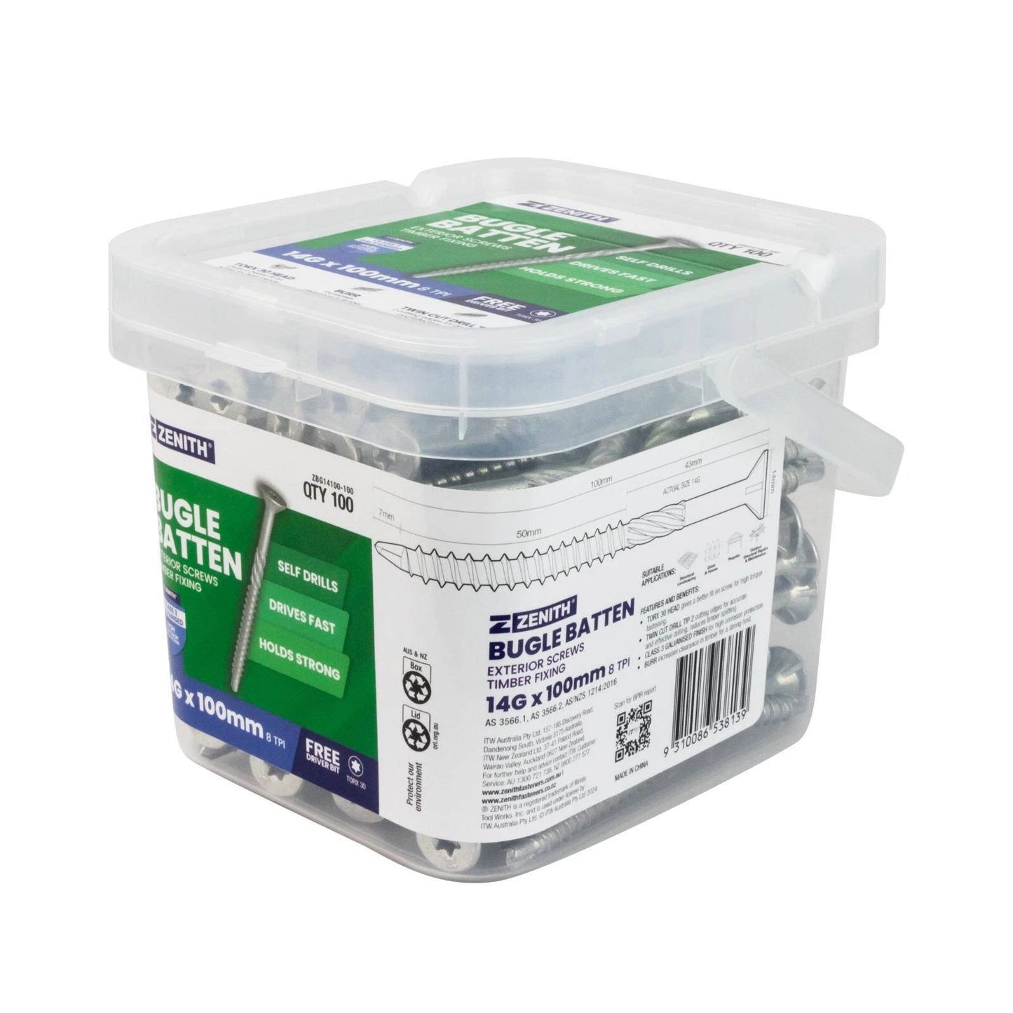 ZENITH 14G Galvanised Bugle Batten Screws 8x100mm TORX 30 Head - 100 Pcs