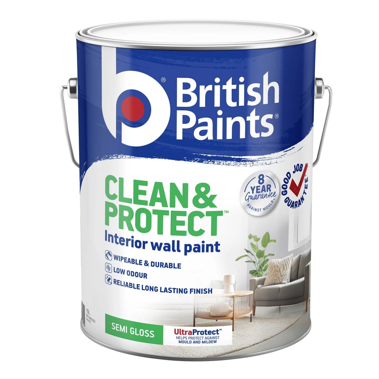 British Paints 10L White Semi Gloss Interior Paint, Clean & Protect, Low Odour, 8 Year Mould Guarantee