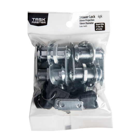 Taskmaster Steel Drawer Locks Key Alike 19x30mm - 4 Pack Secure Cabinetry