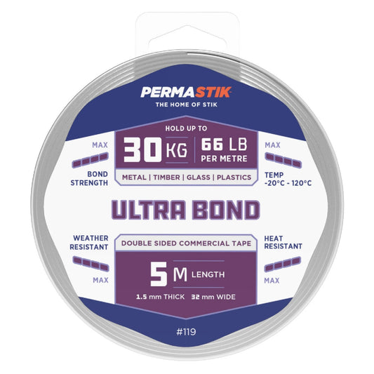 Permastik Ultra Bond Mounting Tape 5m x 32mm, Holds 30kg/m, Weather & UV Resistant